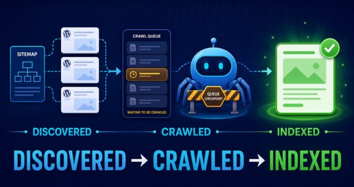 WordPress pages moving from Google discovery through the crawl queue to successful indexing