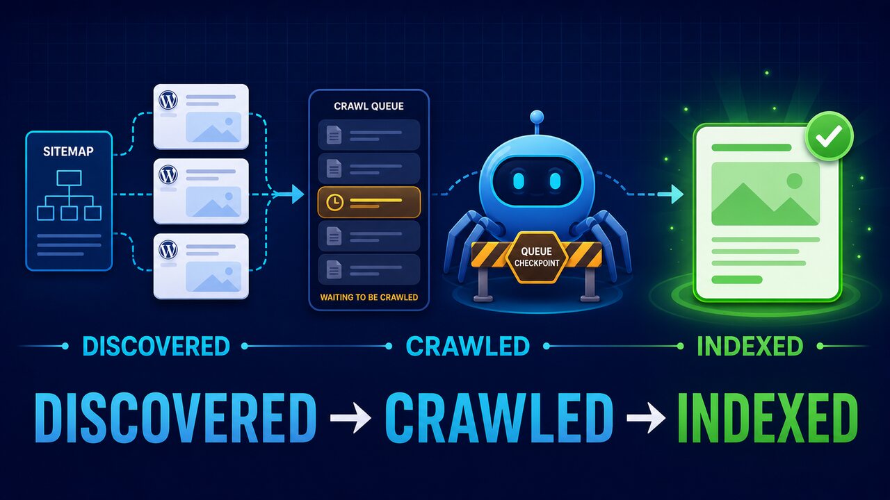 WordPress pages moving from Google discovery through the crawl queue to successful indexing