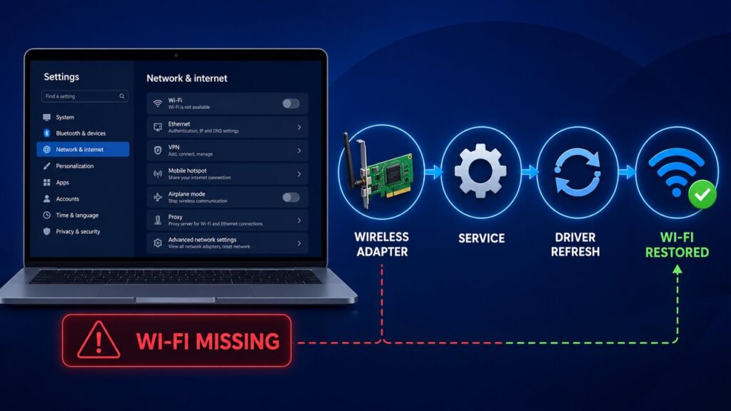 Windows 11 laptop with missing Wi-Fi option and steps to restore the wireless adapter