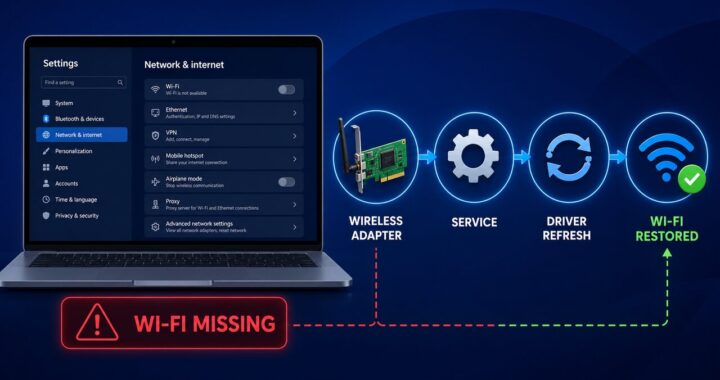 Windows 11 laptop with missing Wi-Fi option and steps to restore the wireless adapter