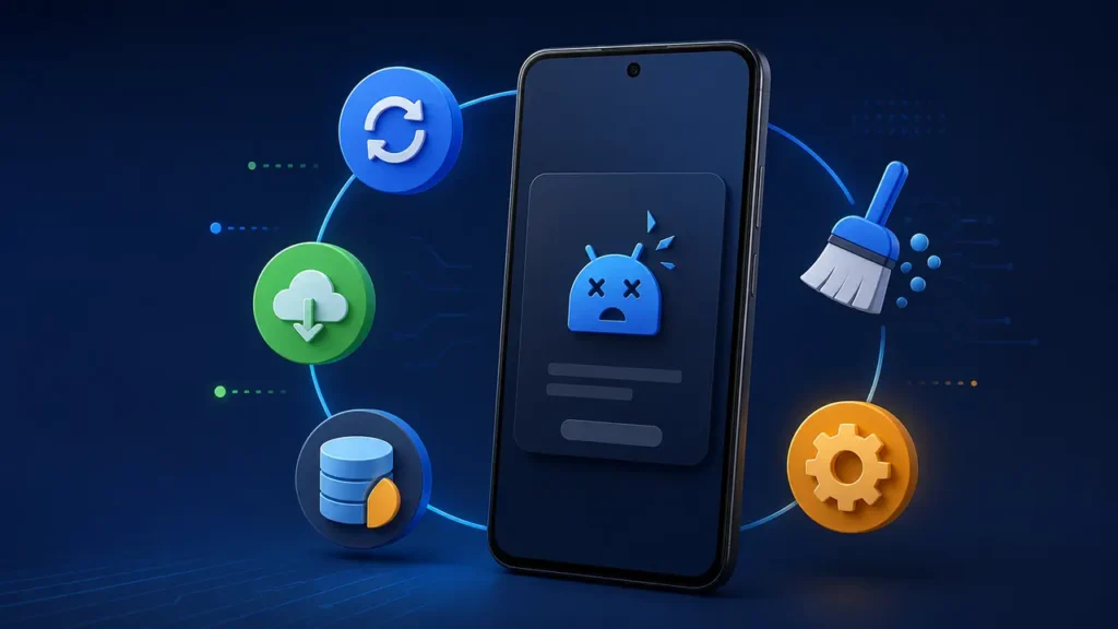 Android phone showing a crashing app with update, storage and restart troubleshooting indicators