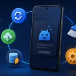 Android phone showing a crashing app with update, storage and restart troubleshooting indicators