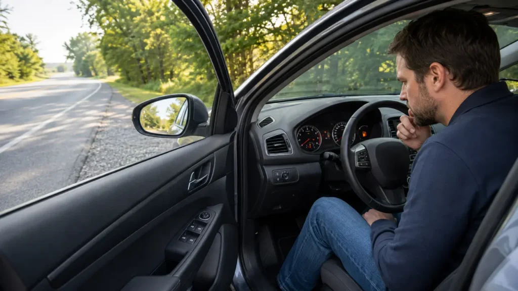 Driver checking a parked car dashboard after the engine starts and then dies