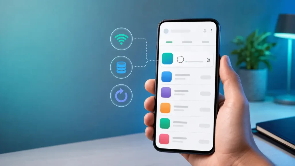 Android phone showing an app download waiting with Wi-Fi, storage and restart troubleshooting icons