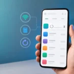 Android phone showing an app download waiting with Wi-Fi, storage and restart troubleshooting icons