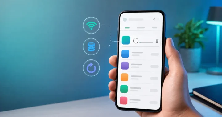 Android phone showing an app download waiting with Wi-Fi, storage and restart troubleshooting icons