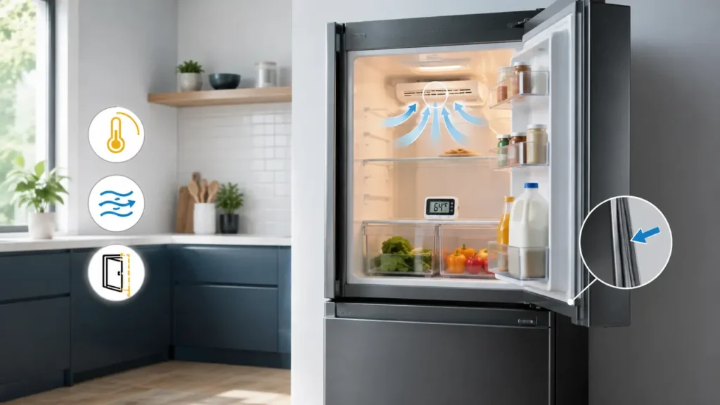 Open refrigerator with temperature, airflow and door-seal troubleshooting indicators