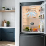 Open refrigerator with temperature, airflow and door-seal troubleshooting indicators