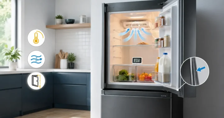 Open refrigerator with temperature, airflow and door-seal troubleshooting indicators