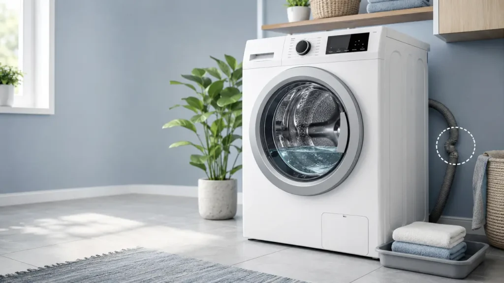 Front-load washing machine with standing water and a kink highlighted in the drain hose