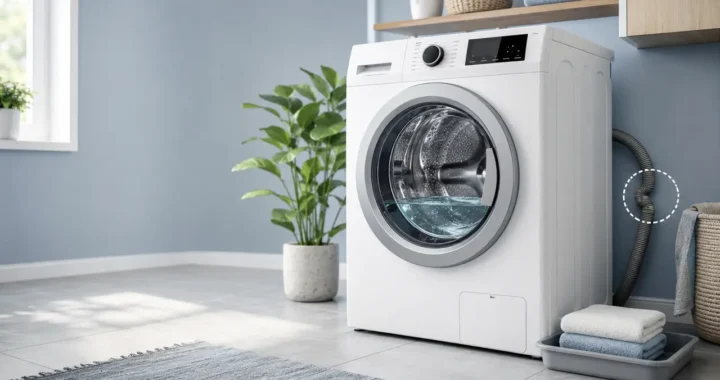 Front-load washing machine with standing water and a kink highlighted in the drain hose