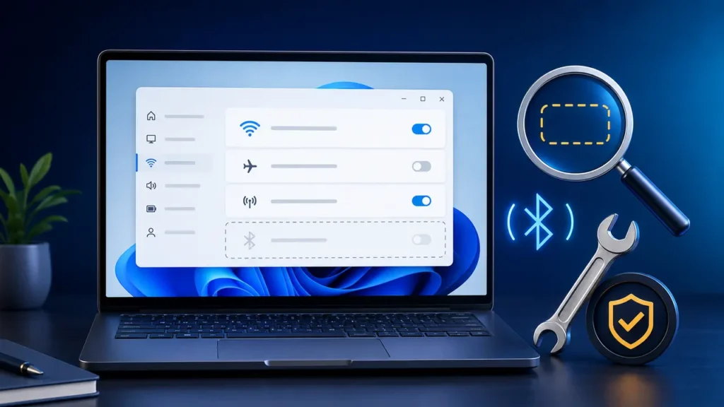 Windows 11 laptop with a missing Bluetooth toggle and diagnostic tools
