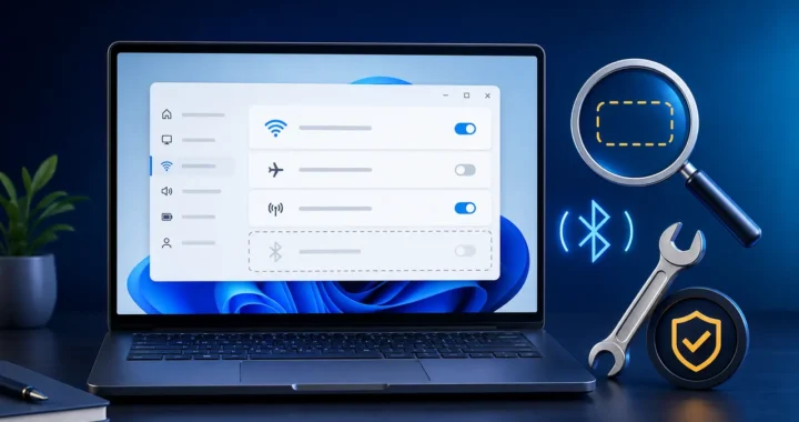 Windows 11 laptop with a missing Bluetooth toggle and diagnostic tools